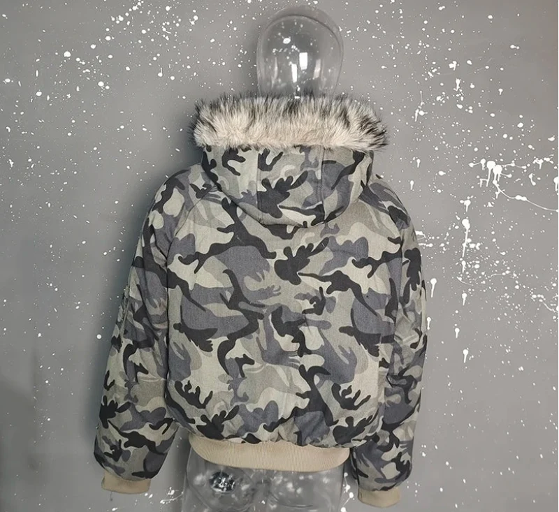 Y2K Faux Fur Lined Hood Arctic Camouflage Zip Up Jacket