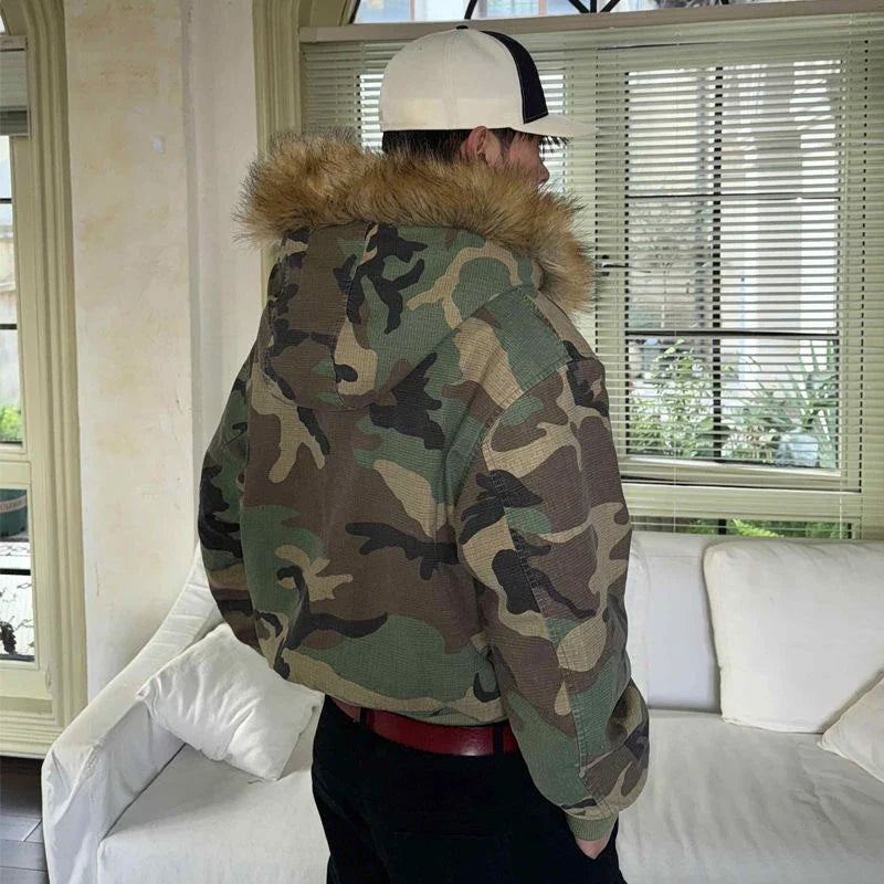 Y2K Faux Fur Lined Hood Camouflage Zip Up Jacket
