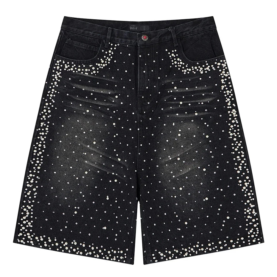 Y2K Faux Pearl and Rhinestone Denim Shorts Jorts