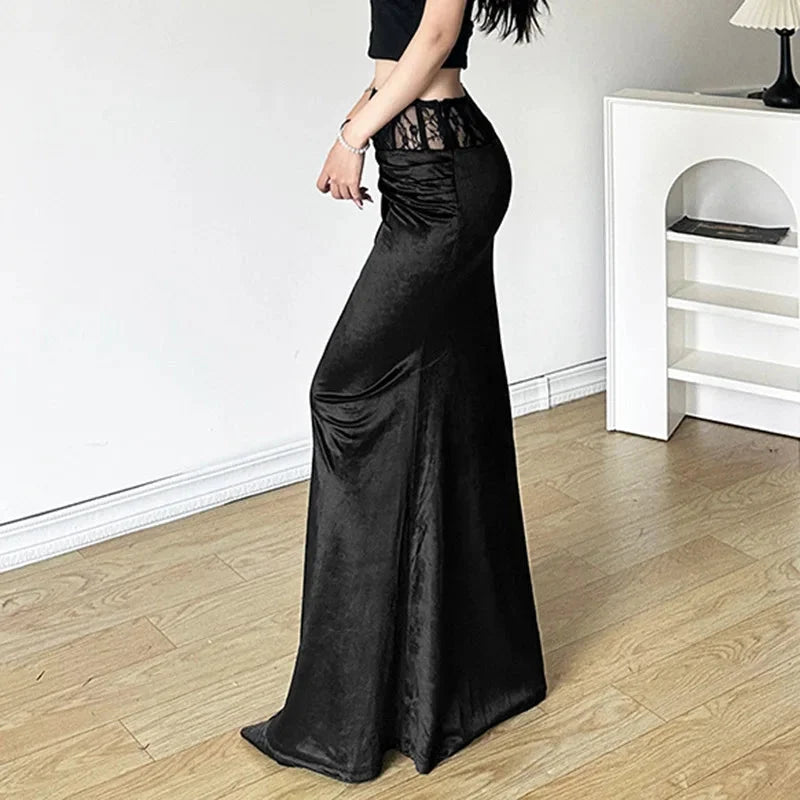 Y2K Gothic Black Trumpet Long Maxi Skirt
