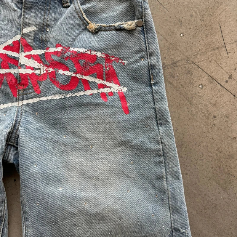 Y2K Graffiti Graphic Rhinestone Distressed Shorts Jorts