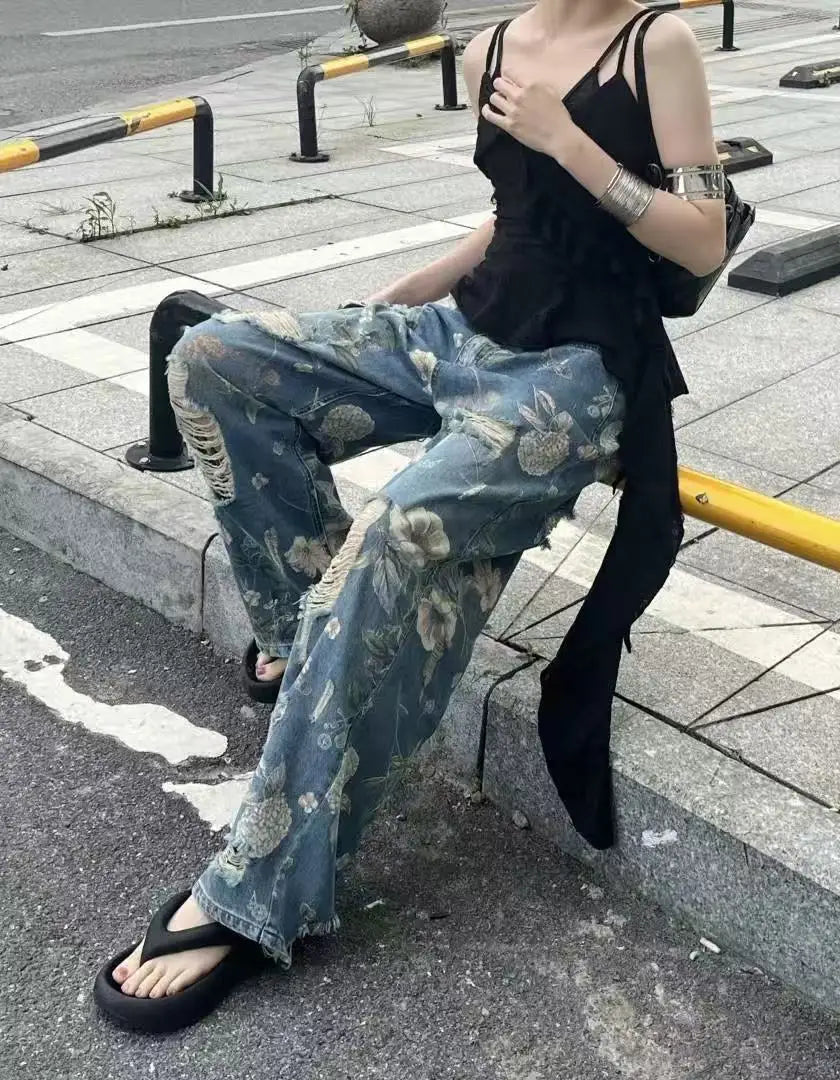 Y2K Graphic Floral Print Distressed Baggy Jeans