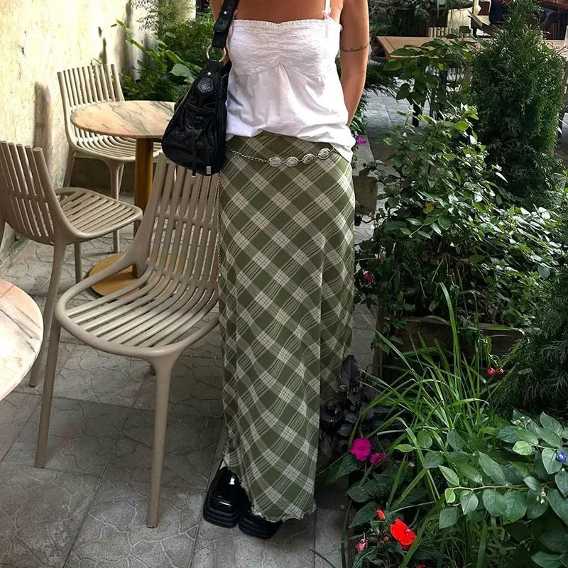 Y2K Green Striped Plaid Midi Skirt