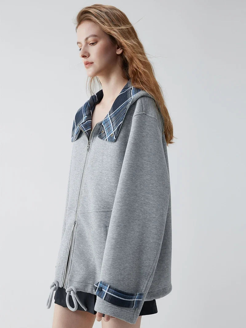 Y2K Grey Zip Up Plaid Accent Hoodie