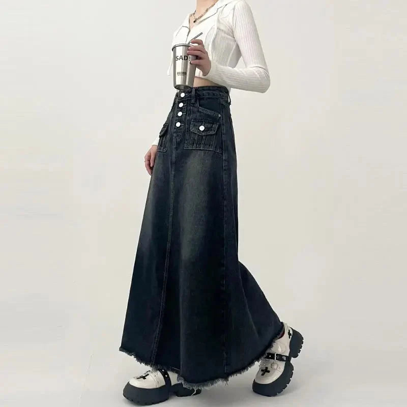 Y2K High Waist Cargo Denim Long Maxi Skirt