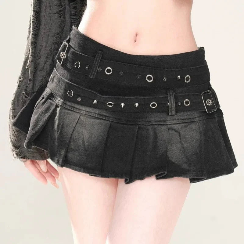 Y2K High Waist Double Belt Pleated Denim Micro Mini Skirt