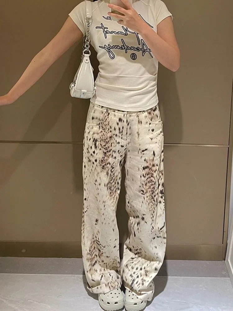 Y2K High Waisted Snow Leopard Denim Jeans