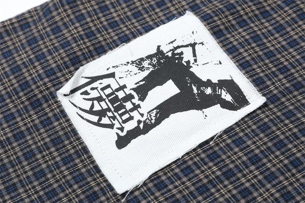 Y2K Japanese Graffiti Patch Plaid Workshirt