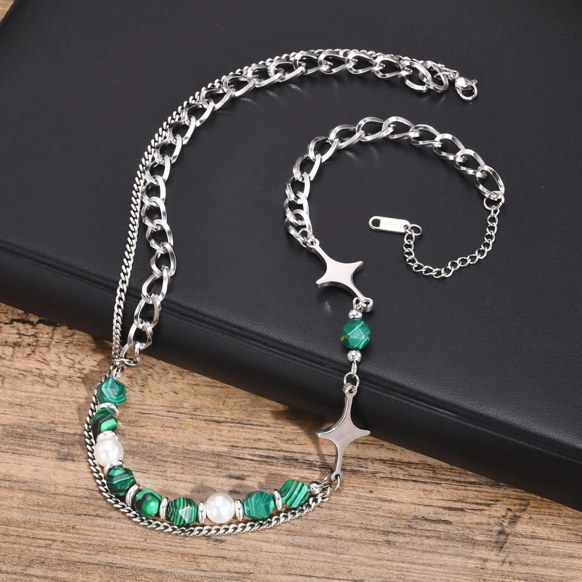 Y2K Layered Green Bead Chain Necklace