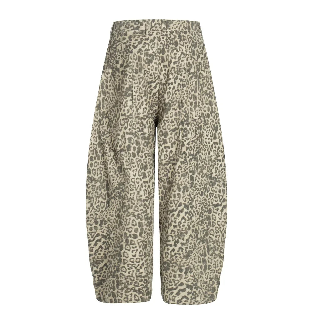 Y2K Leopard Print Baggy Denim Curved Barrel Jeans