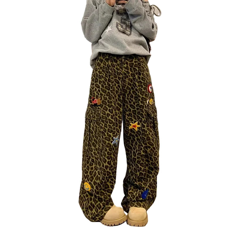 Y2K Leopard Print Patchwork Wide Leg Baggy Jeans