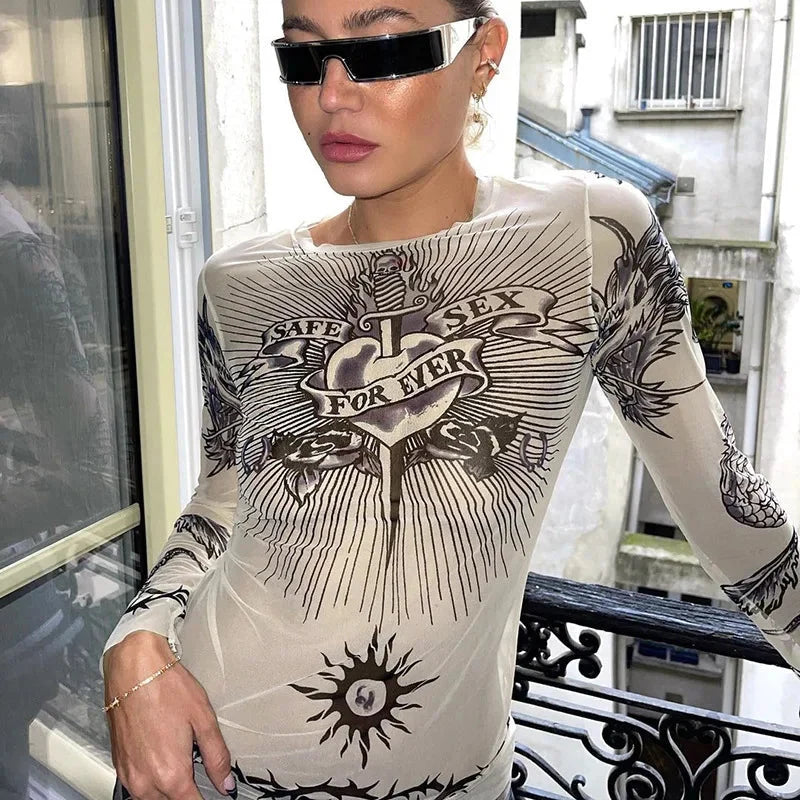 Y2K Life Advice Long Sleeve Mesh Top
