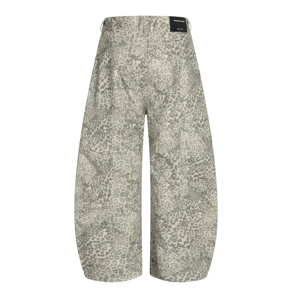 Y2K Light Leopard Print Baggy Denim Curved Barrel Jeans