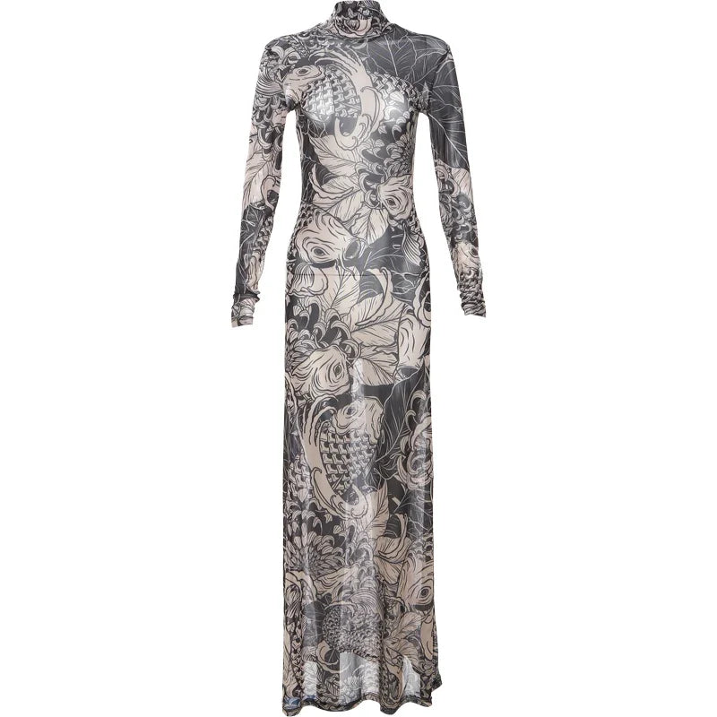 Y2K Mesh Print Turtleneck Bodycon Maxi Dress