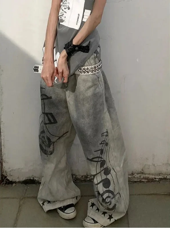 Y2K Music and Melodies Washed Grey Graphic Baggy Jeans