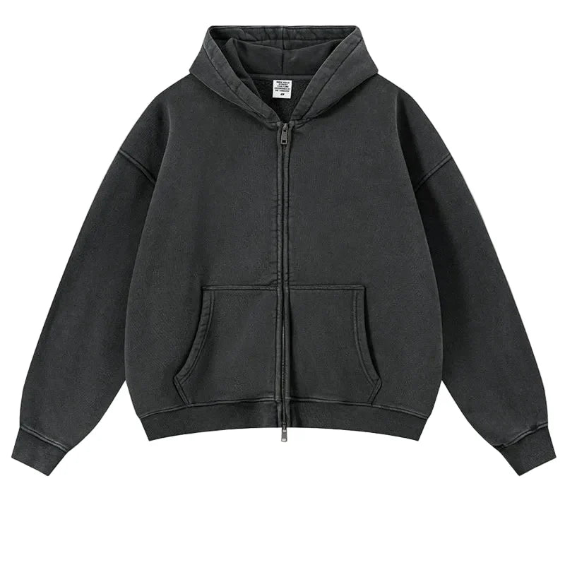 Y2K Origin 400gsm Essentials Retro Washed Boxy Fit Plain Zip Up Hoodie