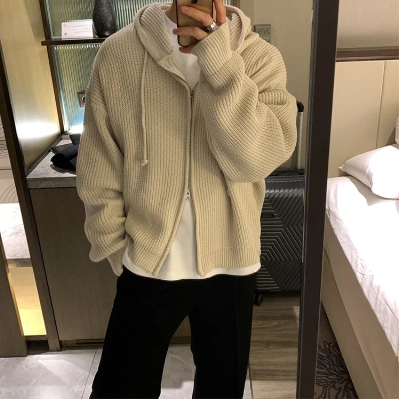 Y2K Oversized Knit Hooded Zip Up Cardigan