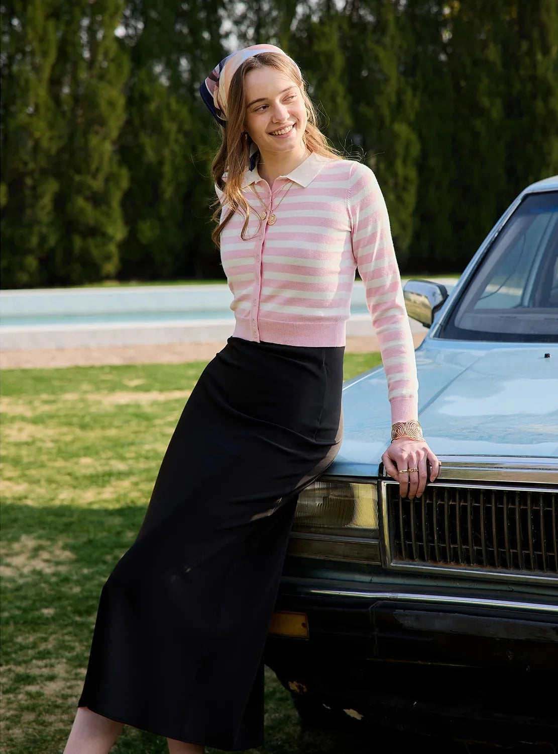 Y2K Pink Striped Knit Collar Cardigan