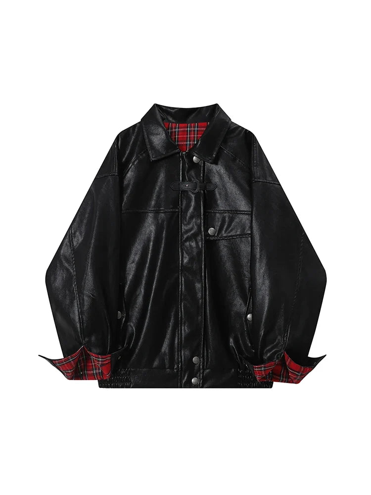 Y2K Plaid Patchwork Faux Leather Reversible Jacket