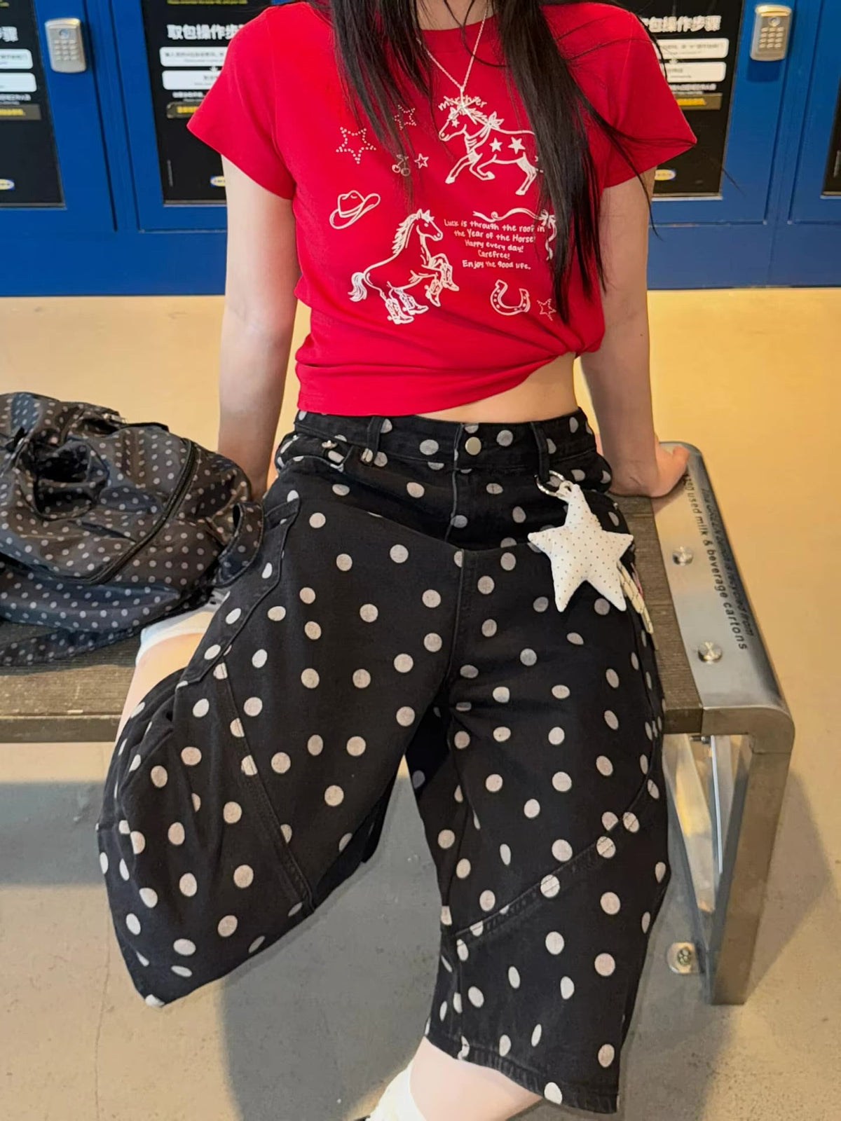 Y2K Polka Dot Graphic Wide Leg Shorts Jorts