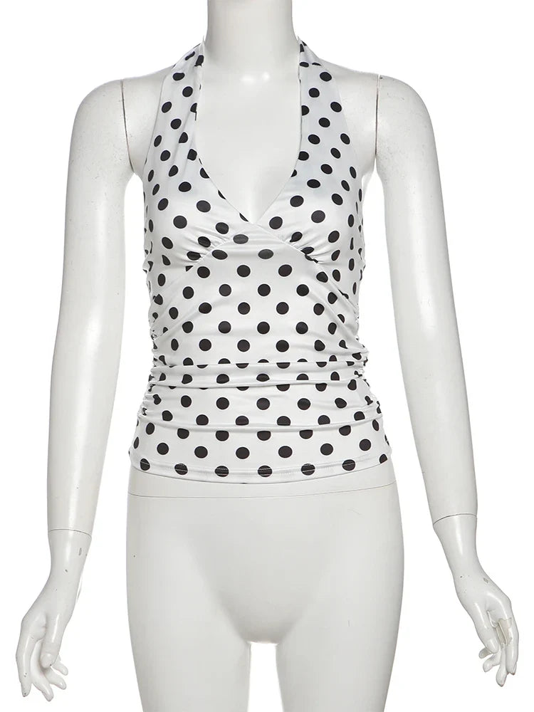 Y2K Polka Dot Low Cut Backless Halter Top