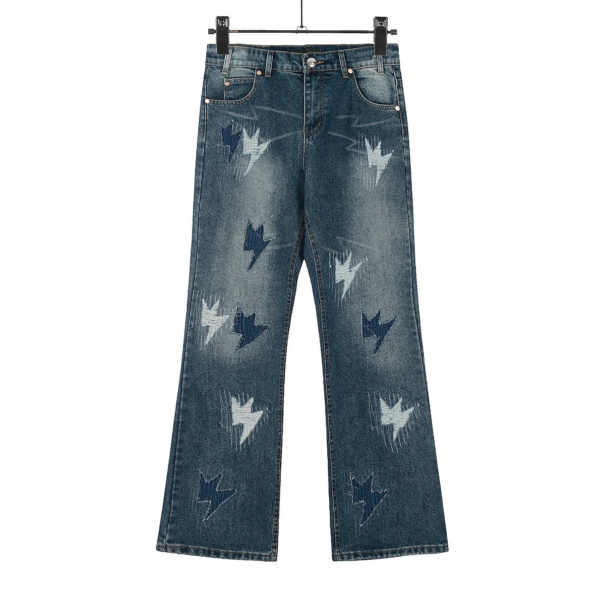 Y2K Pu Leather Patchwork Lightning Embroidery Washed Denim Jeans
