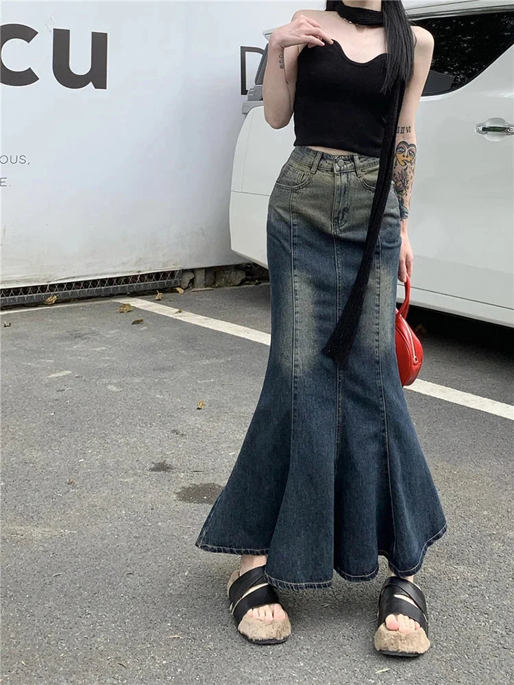 Y2K Retro Blue Mermaid Fishtail Denim Long Maxi Skirt