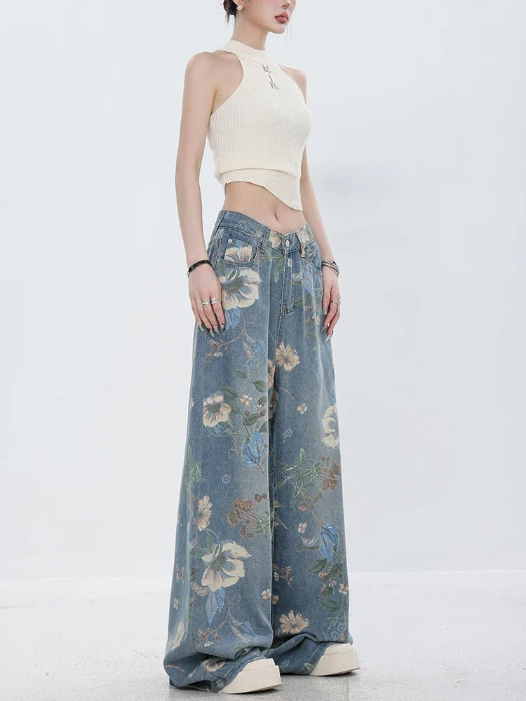 Y2K Retro Floral Denim Mopping Jeans