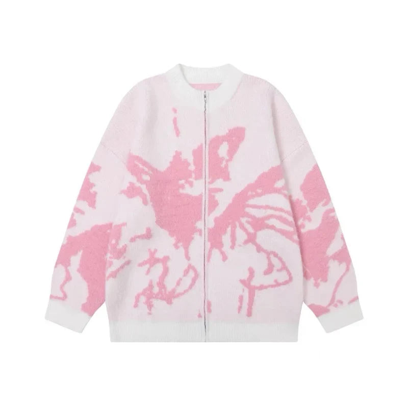 Y2K Ripped Butterfly Graphic Zip Up Knitted Cardigan