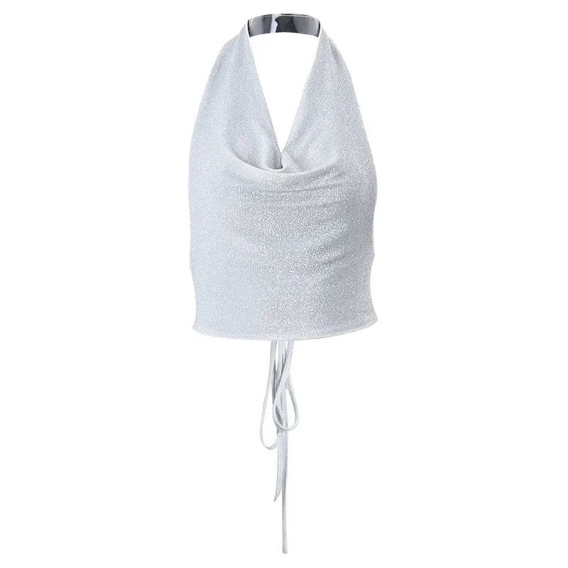 Y2K Sequin Sparkle Low Cut Crop Halter Top