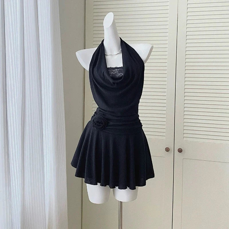 Y2K Sexy French Fake Two Piece Black Lace Mini Dress