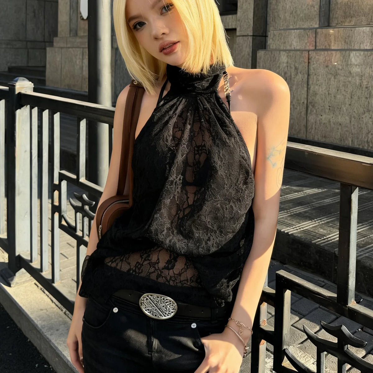 Y2K Sheer Lace Layered Halter Top