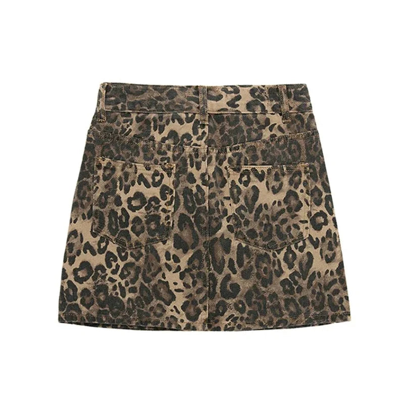 Y2K Slim Leopard Print Denim Mini Skirt