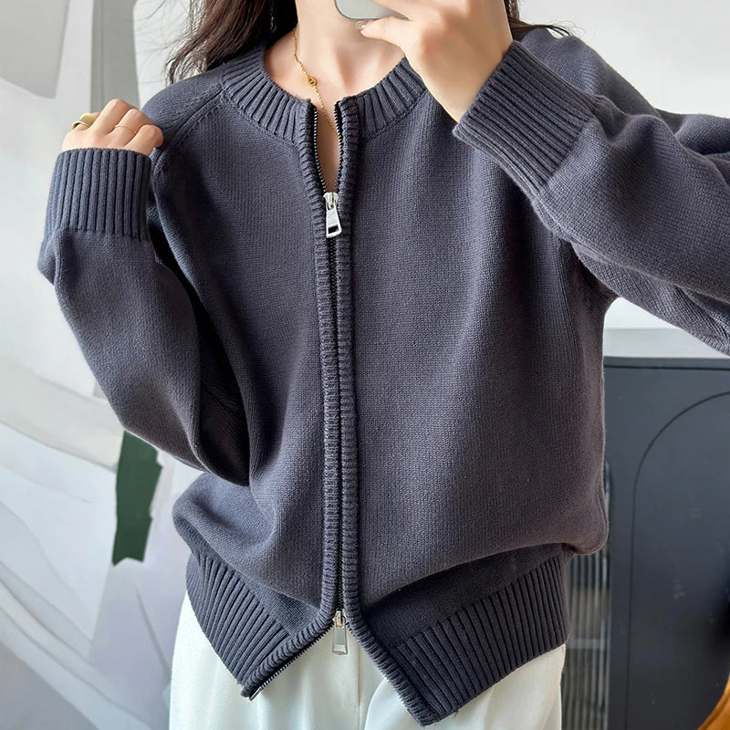 Y2K Solid Crew Neck Double Zip Cardigan