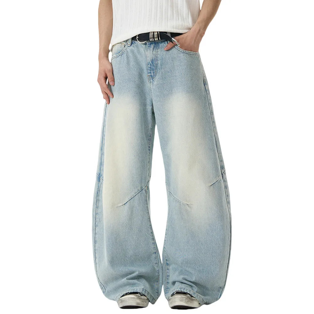 Y2K Spliced Light Baggy Denim Curved Barrel Jeans