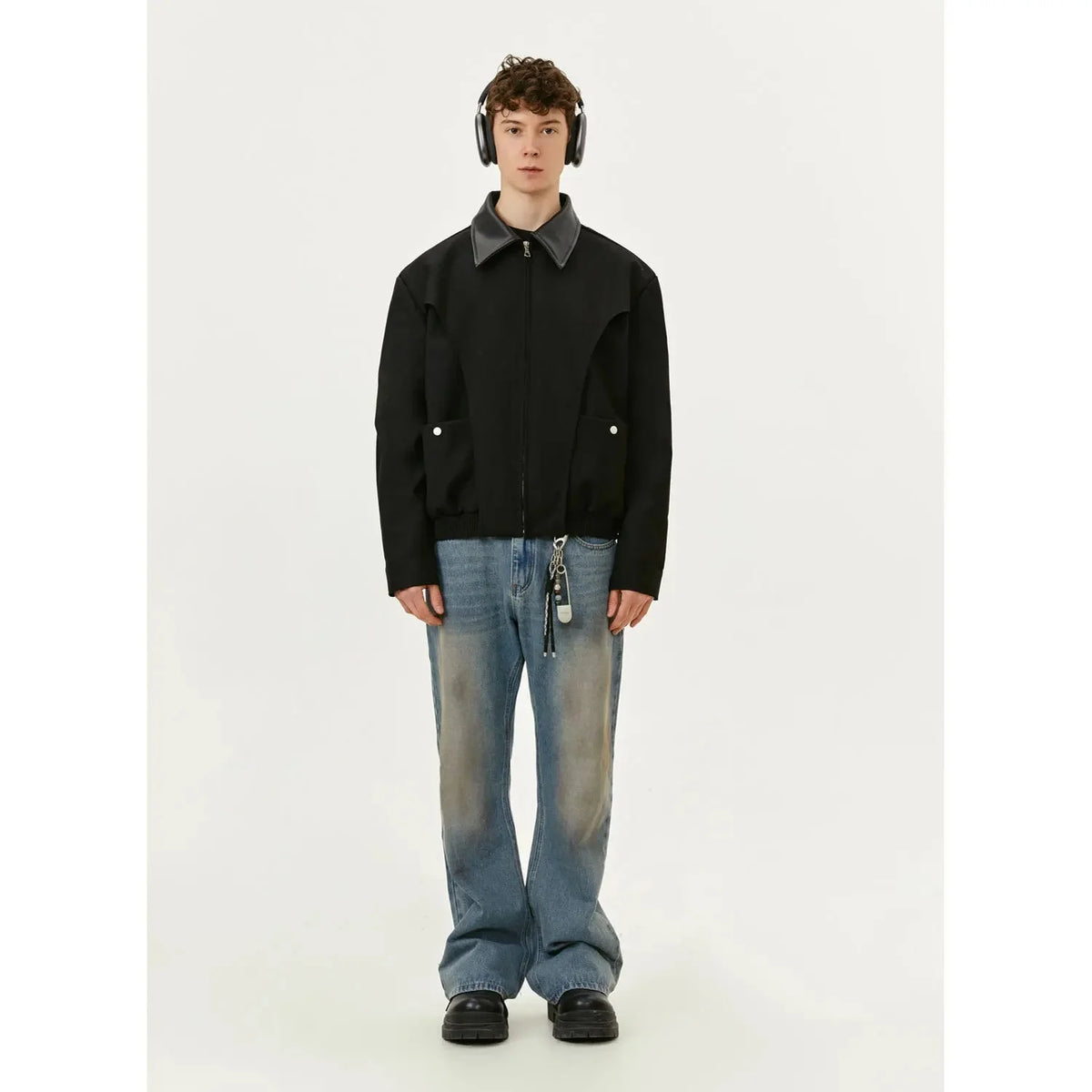 Y2K Spliced Polo Collar Black Full Zip Up Jacket