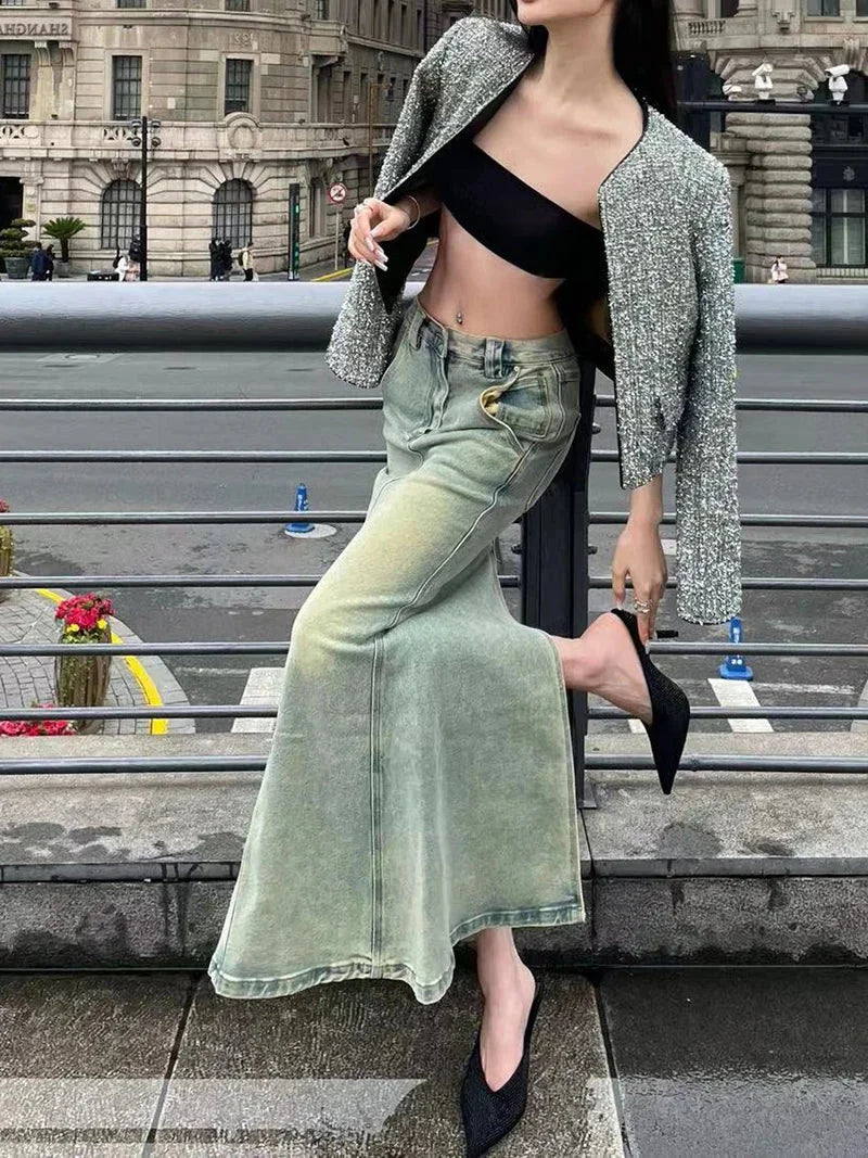 Y2K Split Denim Long Mermaid Fishtail Maxi Skirt