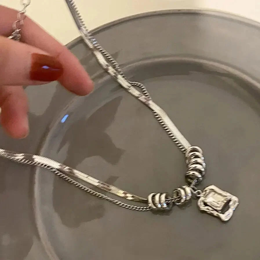 Y2K Square Pendant Double Layer Necklace