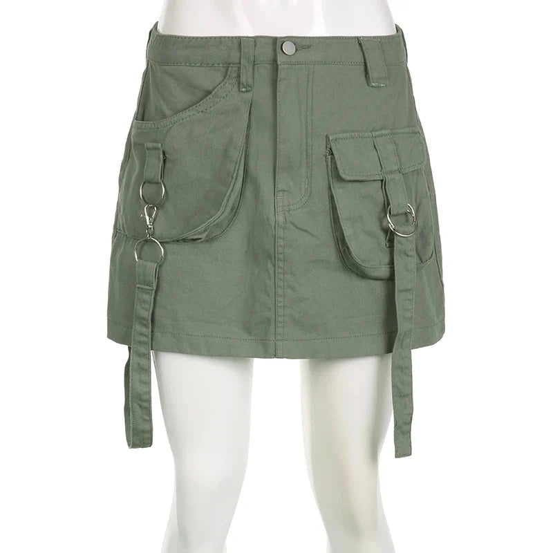 Y2K Strappy Green Cargo Mini Skirt