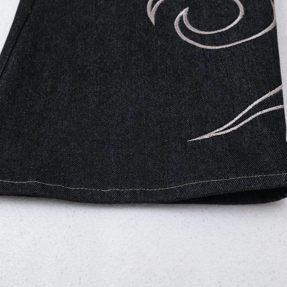 Y2K Tribal Embroidered Baggy Wide Leg Barrel Jeans
