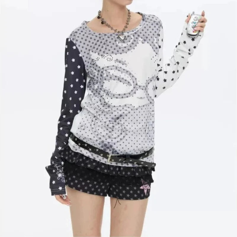 Y2K Vintage Anime Womens Polka Dot Long Sleeve Top