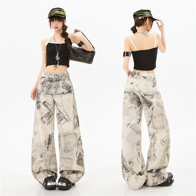 Y2K Vintage Print Wide Leg Baggy Jeans