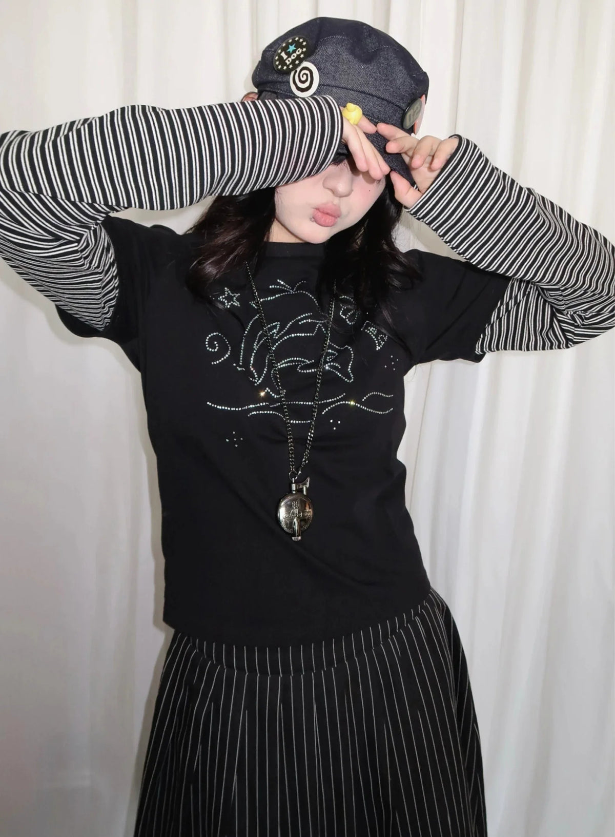 Y2K Vintage Striped Dolphin Graphic Long Sleeve Top