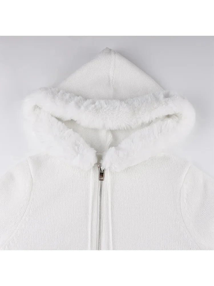 Y2K White Plush Crop Zip Up Hoodie