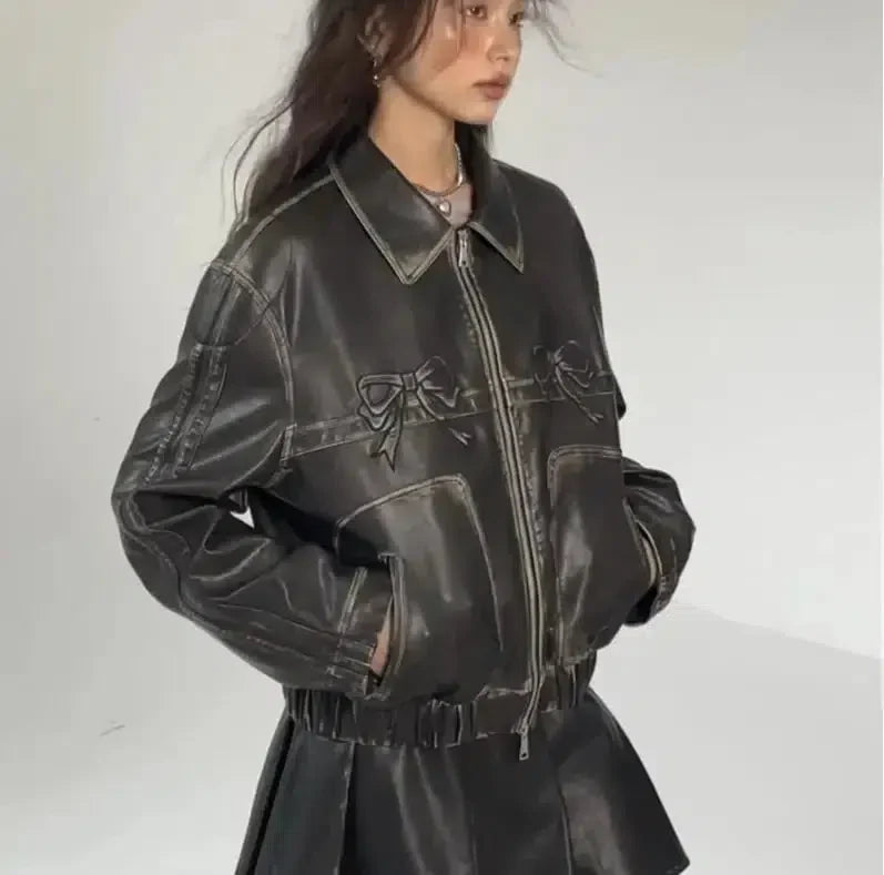 Y2K Women'S Bow Motorcycle Leather Zip Up Jacket