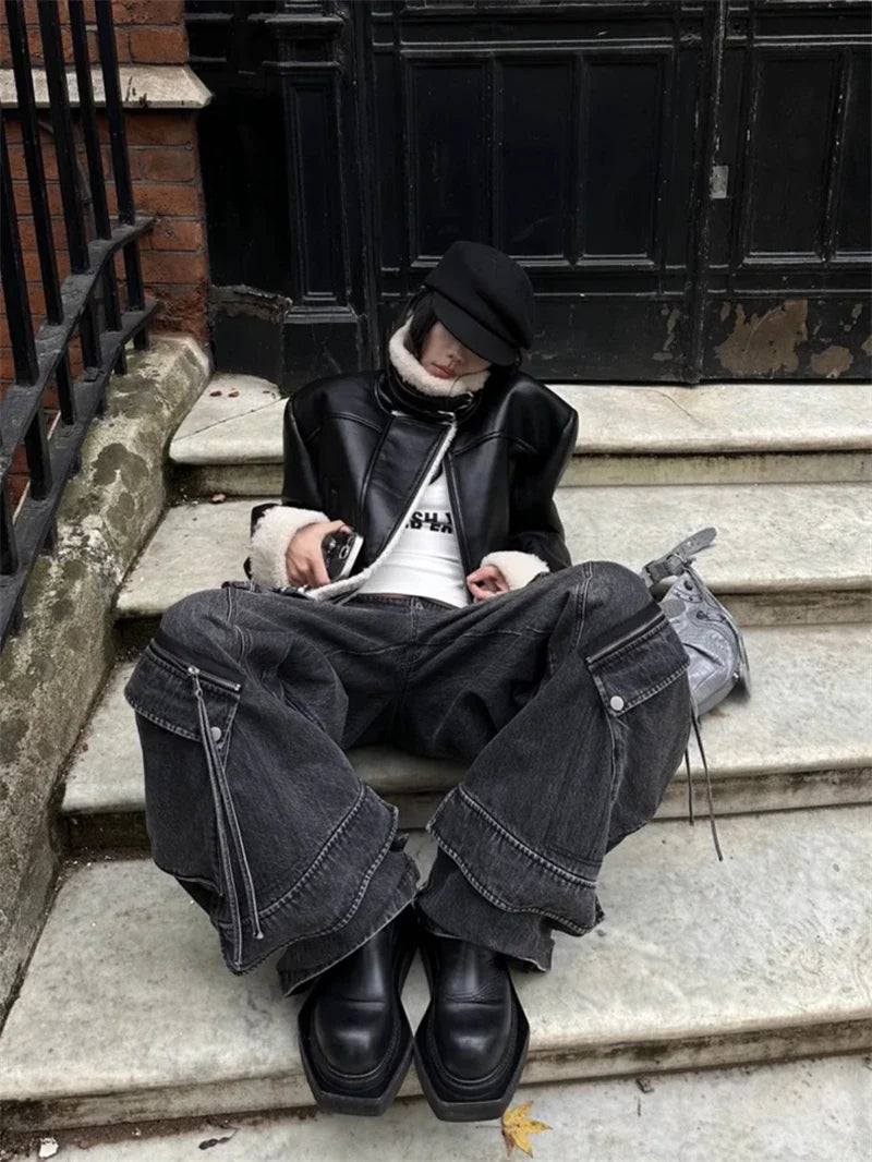 Y2K Womens Black Baggy Gothic Cargo Jeans