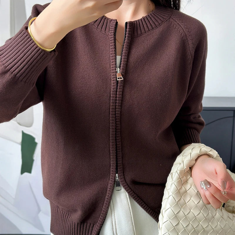 Y2K Womens O Neck Double Zip Cardigan