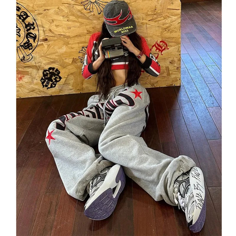 Y2k American Embroidered High Waist Sweatpant Joggers Trousers