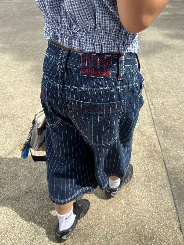 Y2k Womens Blue Pinstripe Long Jorts