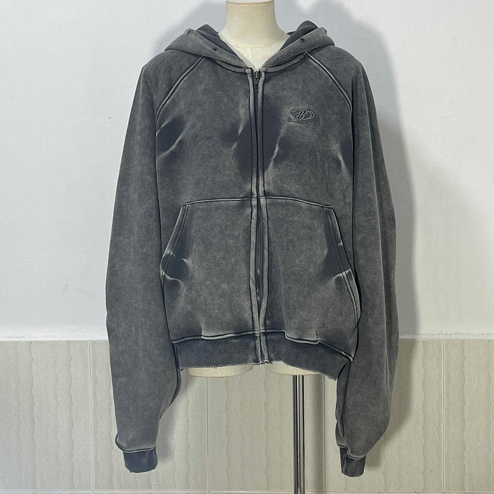 American Vintage Y2K Distressed Gradient Pile Baggy Zip Up Hoodie
